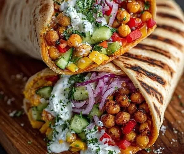 Chickpea and feta veggie wrap with yogurt sauce on a wooden table
