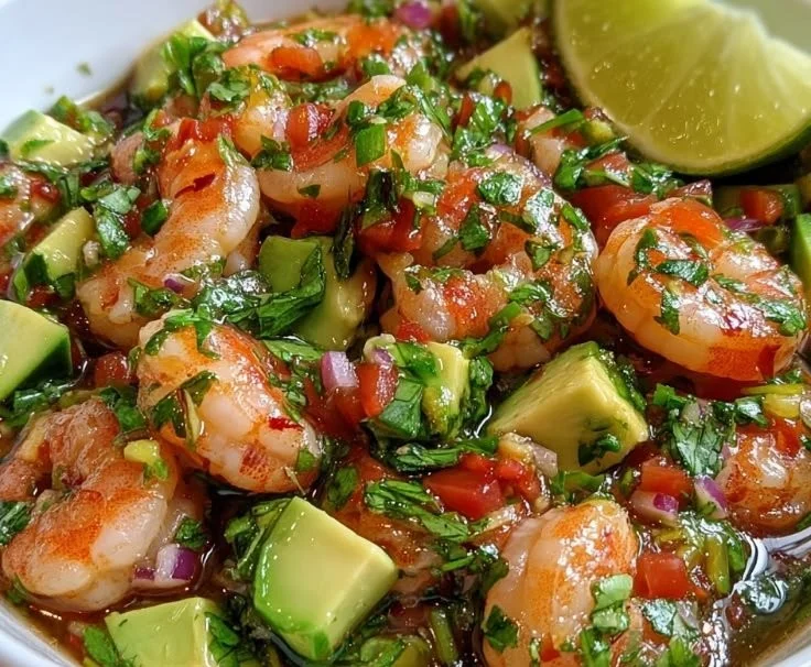 Delicious Chili Lime Shrimp Ceviche served in a bowl with fresh ingredients.