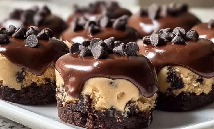 Chocolate chip cookie dough brownie bites on a plate ready to serve