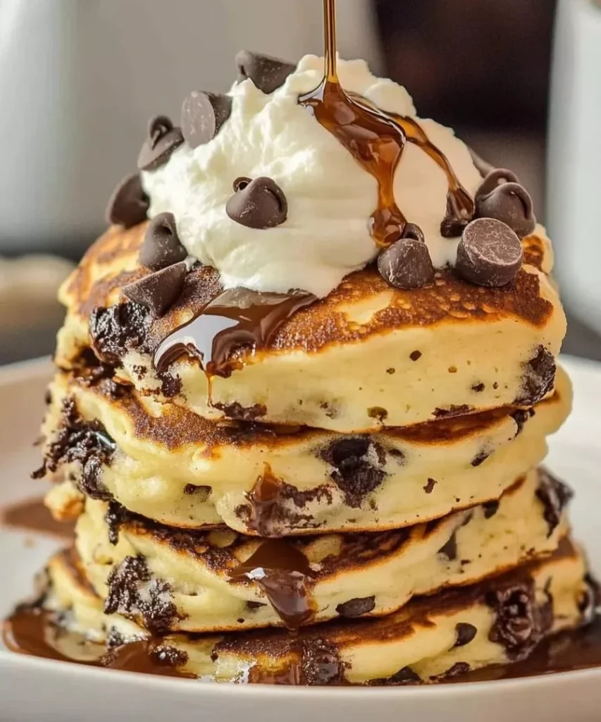 Delicious chocolate chip pancakes stacked with chocolate chips on top