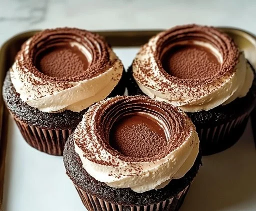 Decadent Chocolate Tiramisu Cupcakes with coffee and cocoa layers