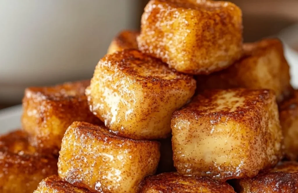 Delicious cinnamon French toast bites served on a plate with syrup
