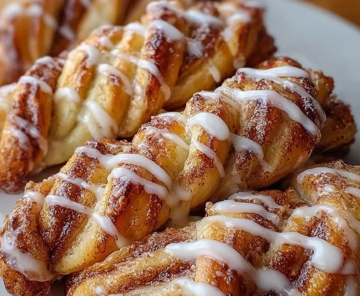 Freshly baked Cinnamon Roll Breadtwists drizzled with icing