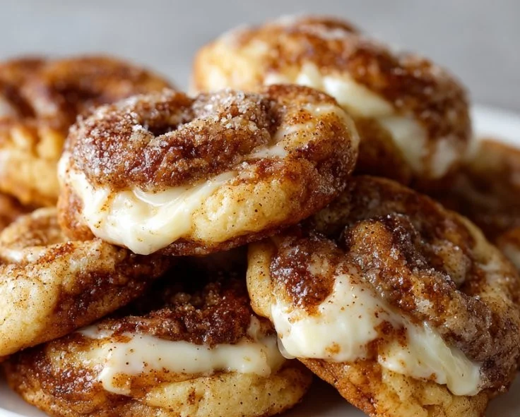 Cinnamon Roll Cheesecake Cookies with cream cheese frosting and cinnamon swirls.
