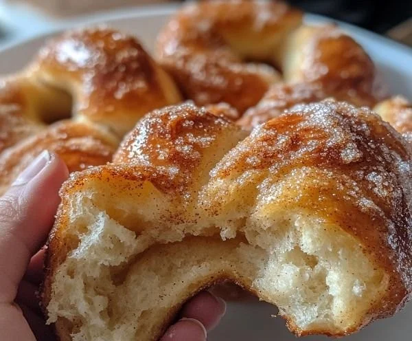 Cinnamon sugar soft pretzels drizzled with icing, served on a plate.
