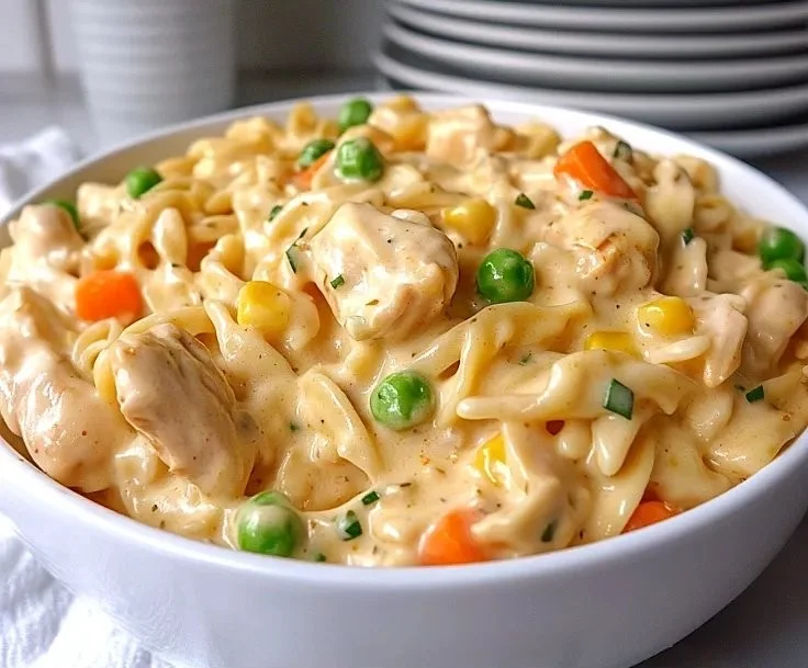 A comforting bowl of Classic Chicken Pot Pie Pasta featuring chicken and veggies.