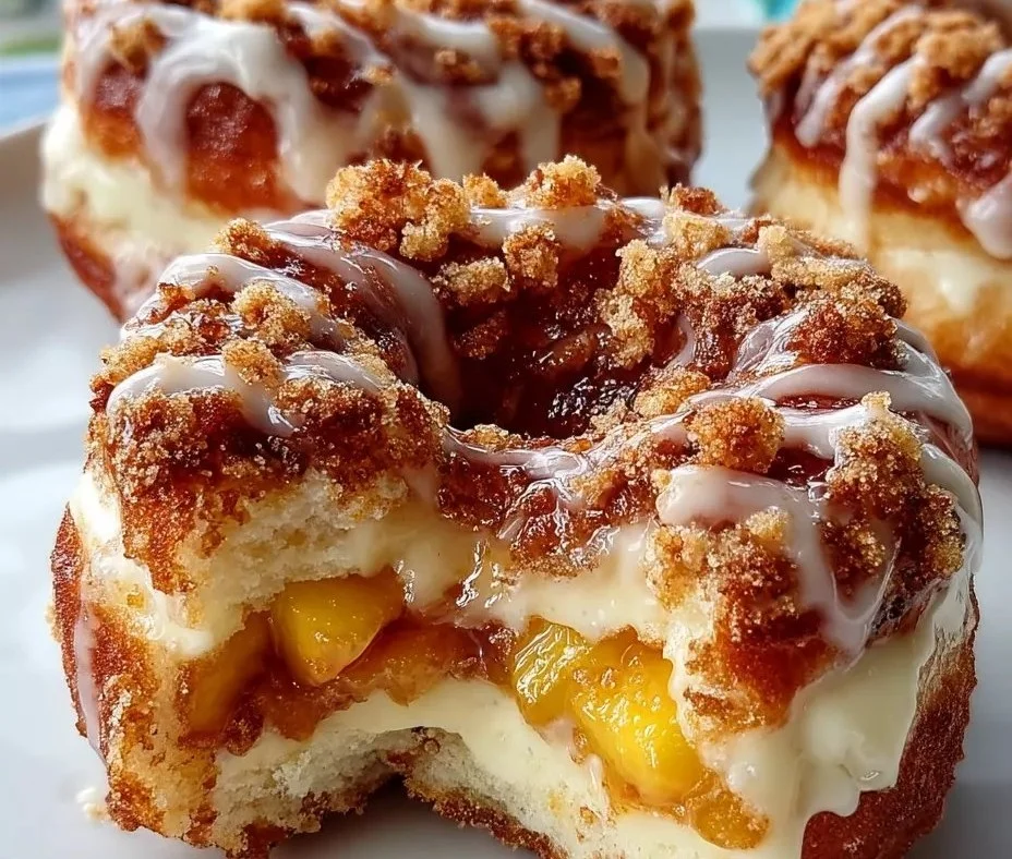 Classic peach cobbler cheesecake donuts topped with sweet glaze.