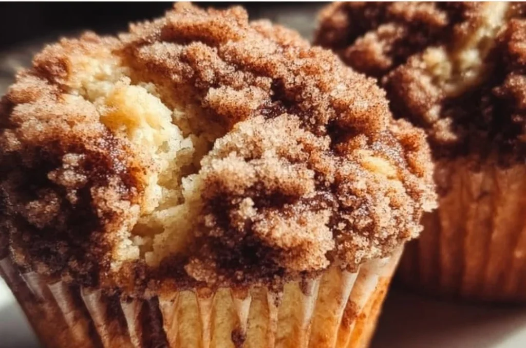 Delicious coffee cake muffins with crumble topping on a wooden table