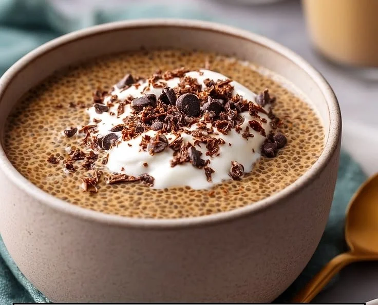 Coffee-flavored chia seed pudding in a glass topped with cocoa and nuts