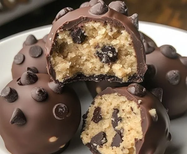 Delicious cookie dough truffles with chocolate chips on a platter