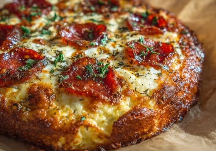 Cottage Cheese Pizza Bowl topped with vegetables and cheese