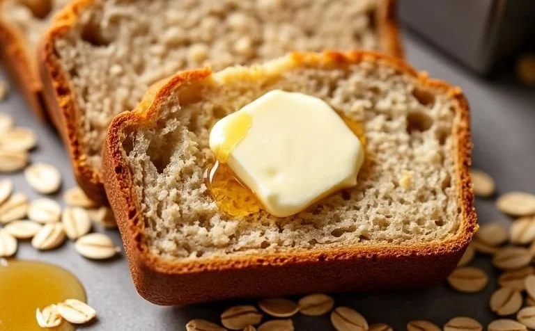 Freshly baked honey-cinnamon oatmeal bread loaf on a wooden table.