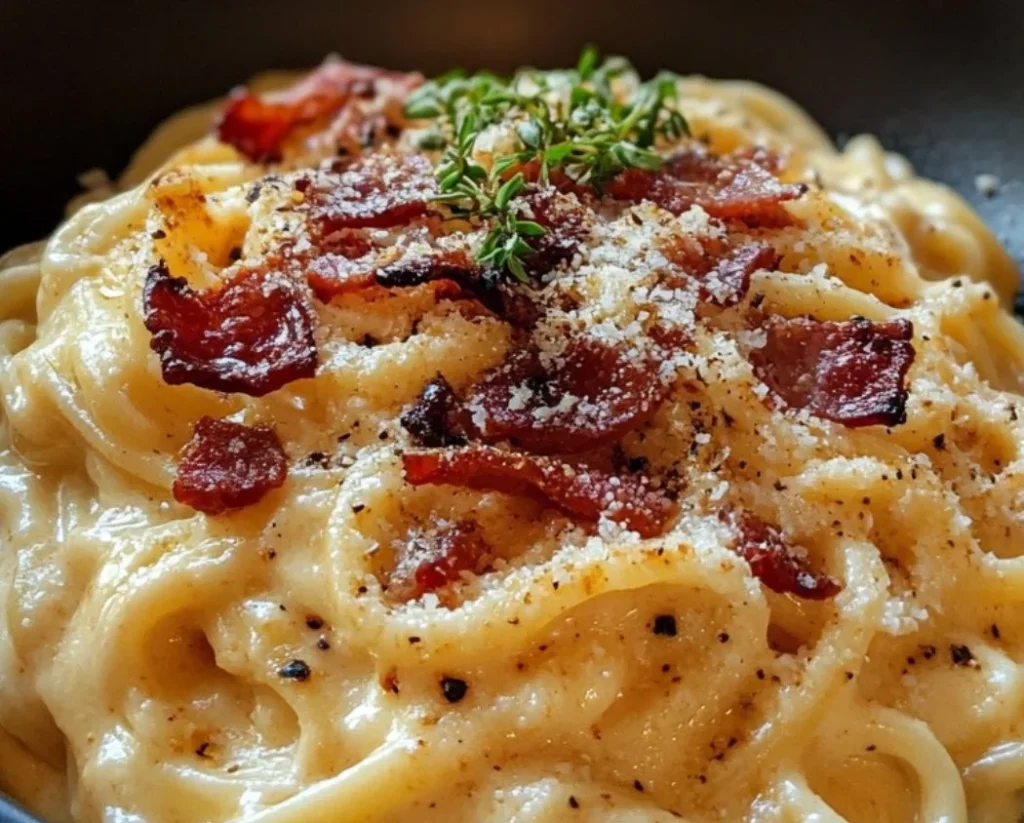 Delicious creamy bacon carbonara pasta served in a bowl
