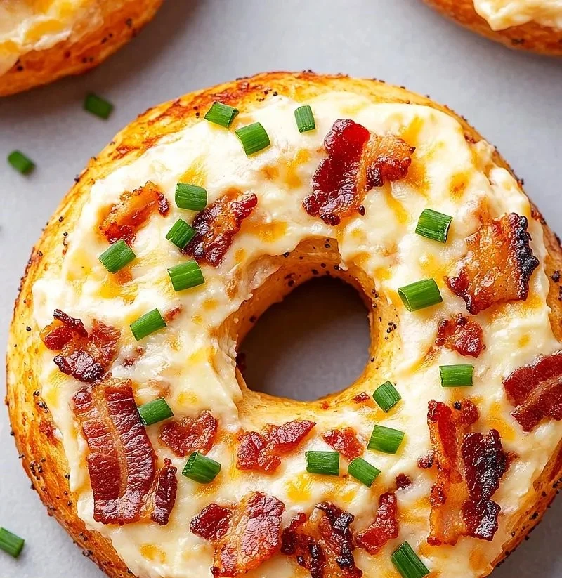 Creamy bacon cheddar bagels topped with crispy bacon and melted cheese.