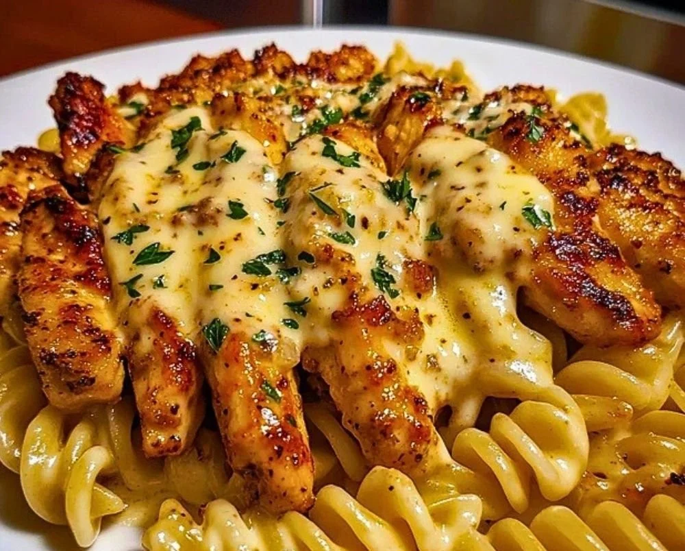 Creamy Cajun Chicken Rotini served in Mozzarella Alfredo Sauce