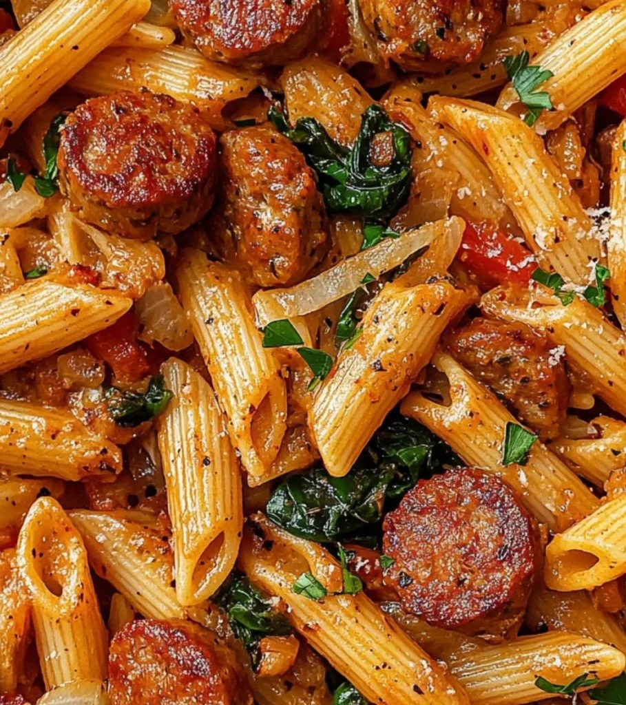 Creamy Cajun sausage pasta dish with colorful vegetables and spices