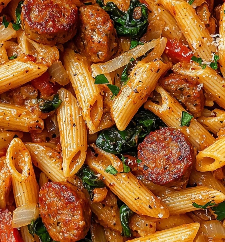Creamy Cajun sausage pasta served in a bowl, garnished with parsley.