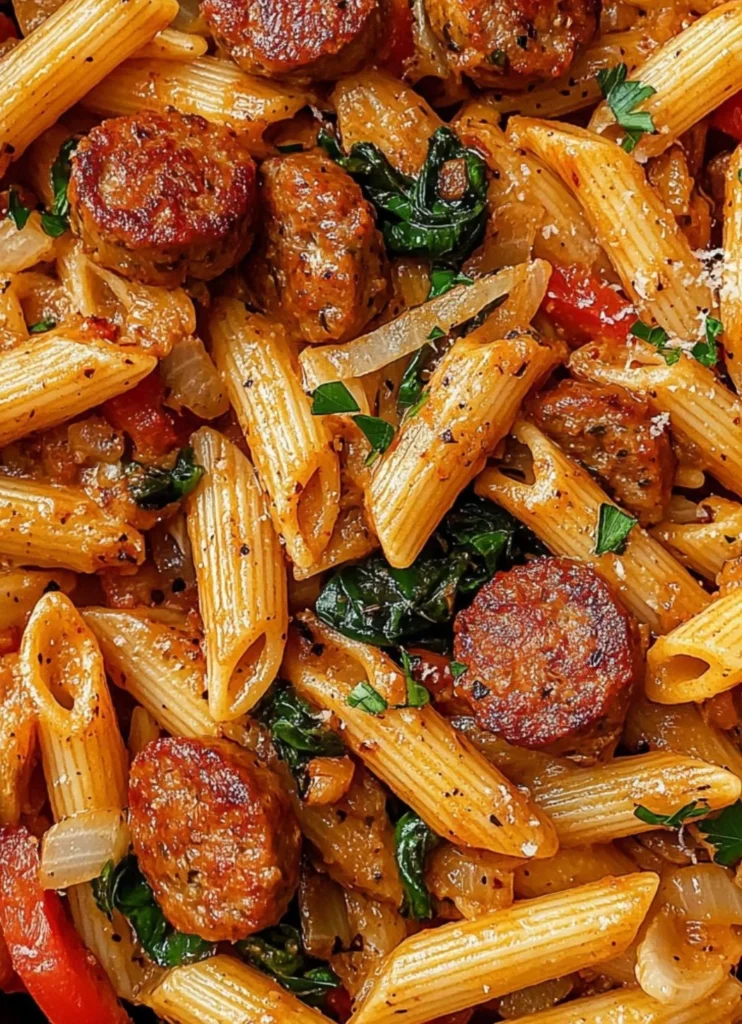 Creamy Cajun sausage pasta served in a bowl with herbs and spices, one-pot recipe.