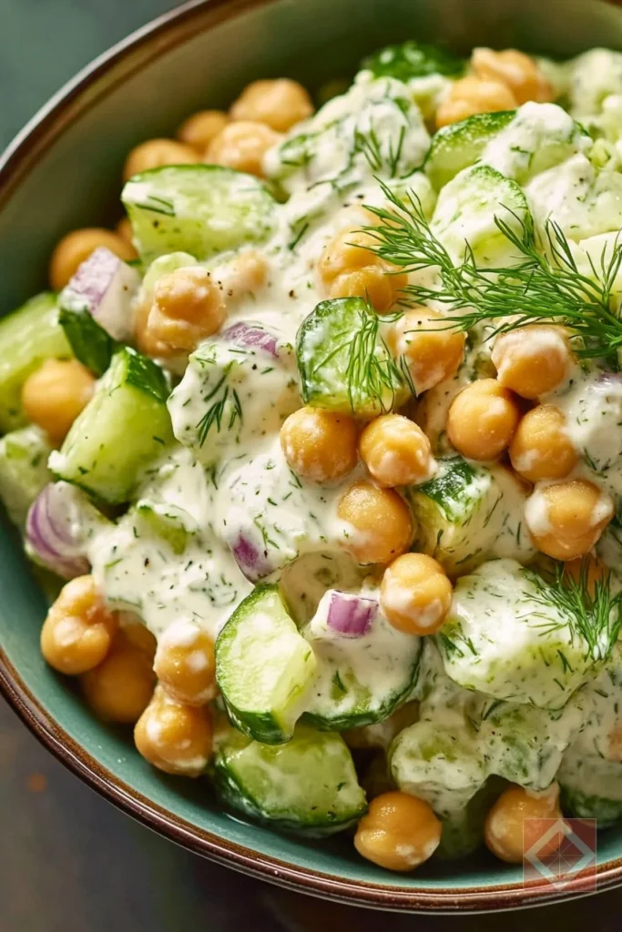Creamy chickpea salad served in a bowl with fresh ingredients.