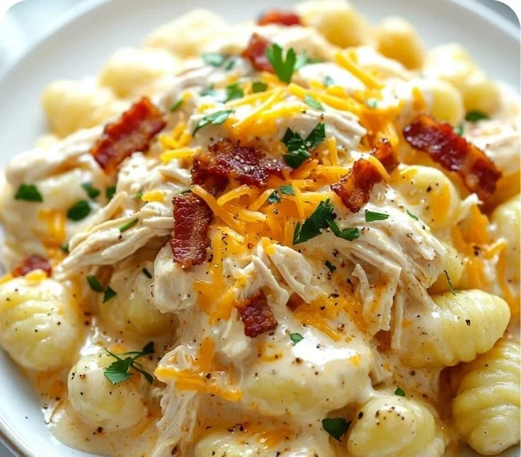 Bowl of creamy crack chicken gnocchi topped with herbs and spices