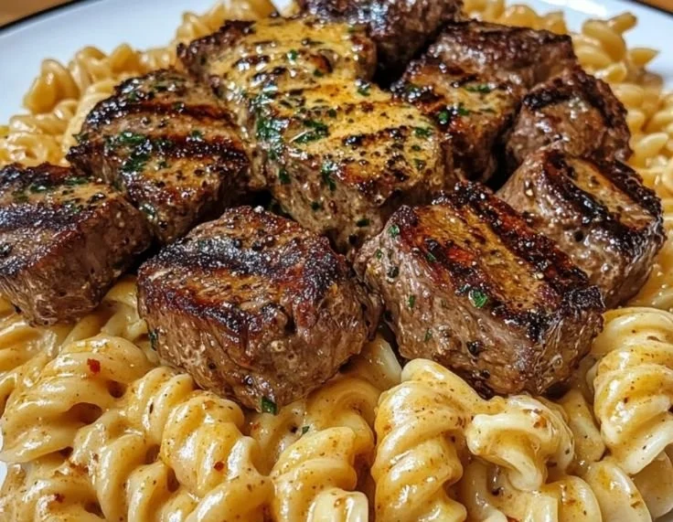 Creamy garlic butter steak bites served with spicy Cajun Alfredo pasta dish