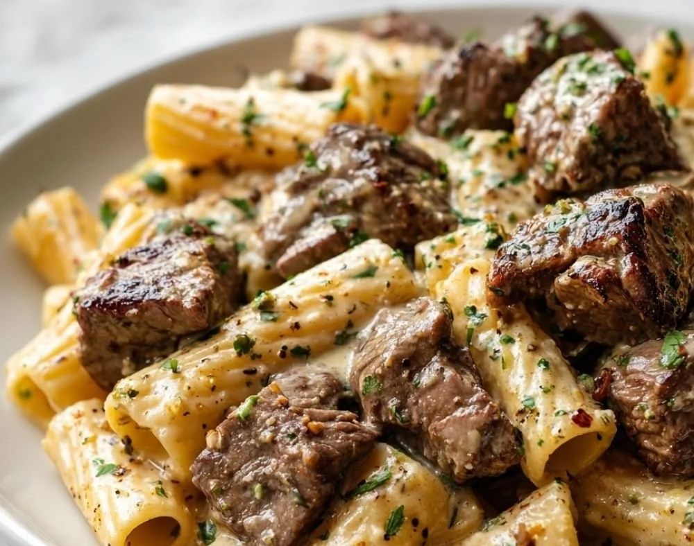Creamy garlic butter steak pasta dish with succulent steak pieces