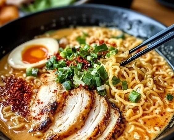Bowl of creamy garlic chicken ramen topped with fresh herbs and spices.