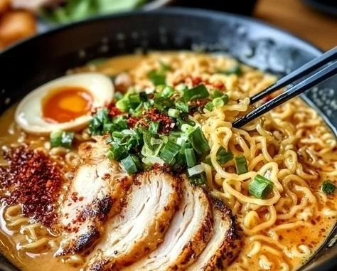 Bowl of creamy garlic chicken ramen garnished with green onions and sesame seeds.