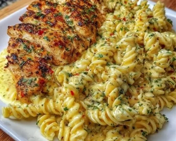 Creamy garlic parmesan chicken pasta served in a bowl with herbs