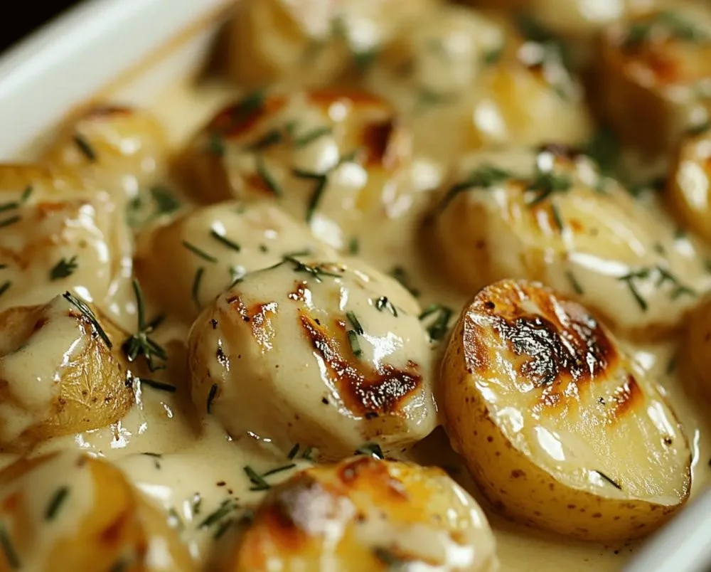 Creamy garlic sauce baby potatoes served in a bowl