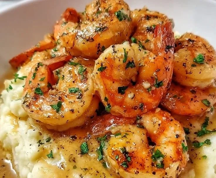 Creamy garlic shrimp served over mashed potatoes garnished with herbs.