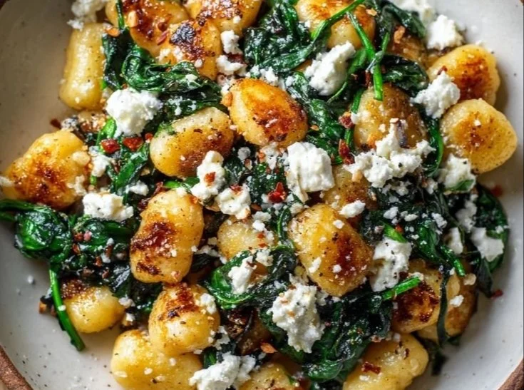 Delicious creamy gnocchi with spinach and feta in a bowl