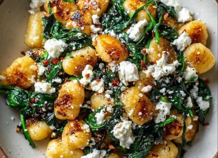 Creamy gnocchi dish with spinach and feta served in a bowl