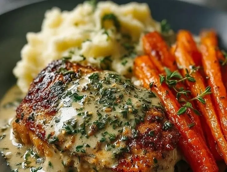 Plate of creamy herb chicken with mashed potatoes and honey glazed carrots