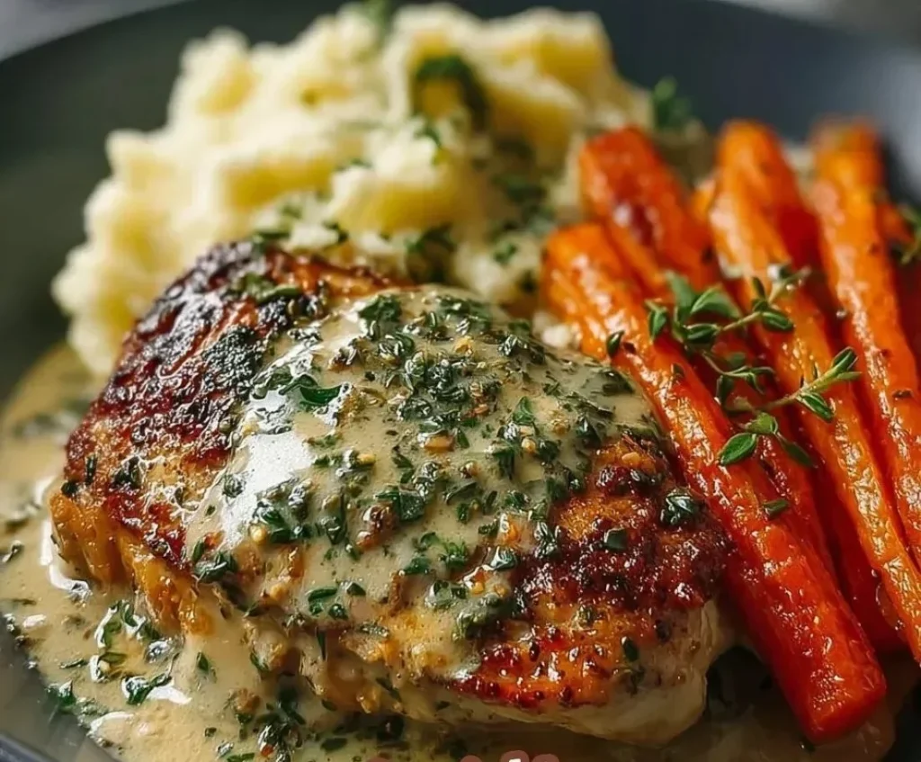 Creamy Herb Chicken served with mashed potatoes and honey glazed carrots