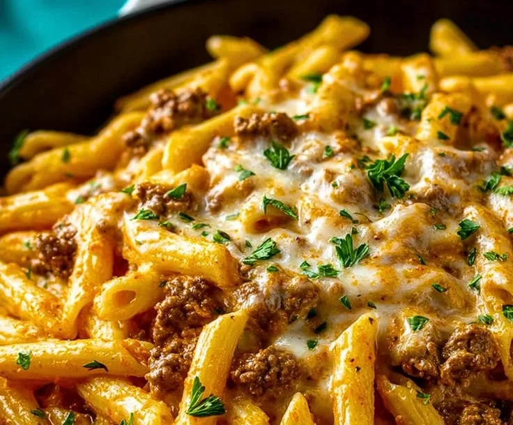 Creamy high-protein beef pasta served in a bowl with herbs.