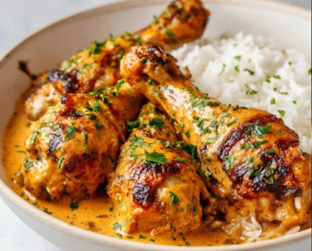 Creamy Paprika Chicken served over rice in a bowl