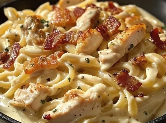 Creamy ranch chicken bacon pasta dish garnished with herbs