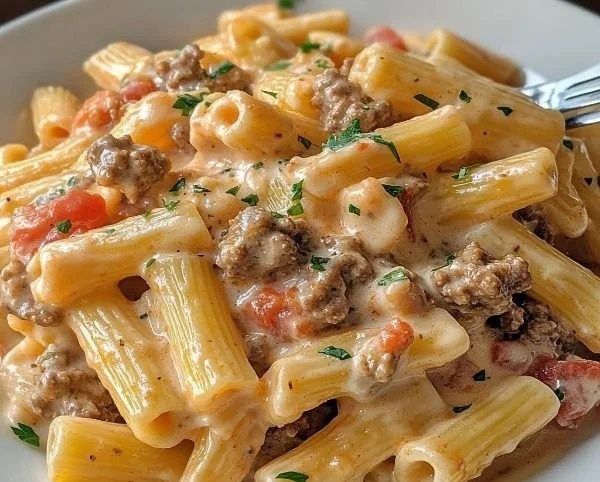 Creamy Rotel Pasta with Ground Beef served in a bowl, garnished with herbs.
