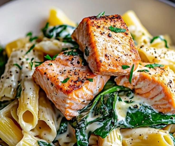 Creamy salmon pasta served in a bowl, garnished with herbs.