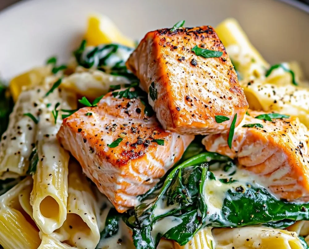 Creamy salmon spinach pasta dish garnished with herbs.