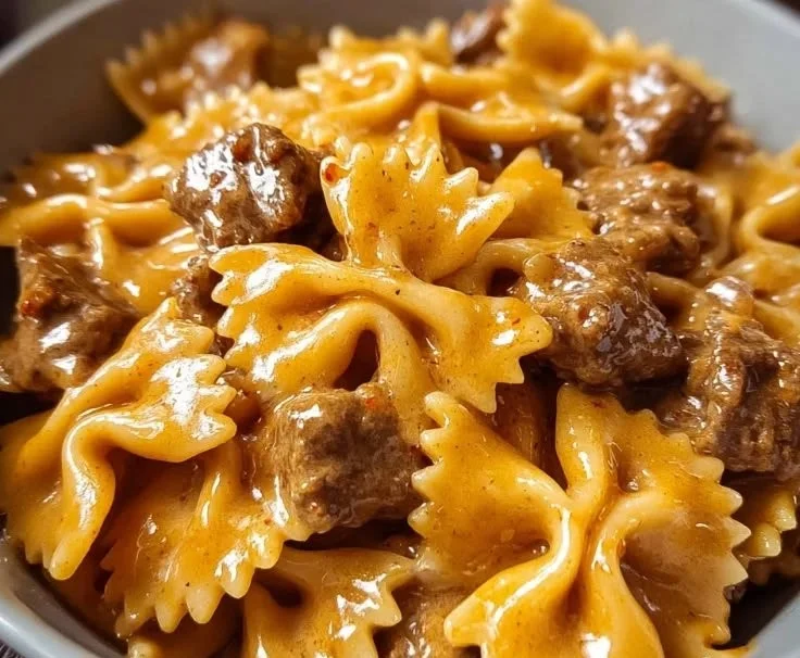 Creamy Velveeta beef pasta served with bow tie noodles
