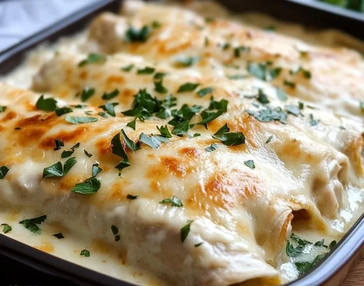 Delicious creamy white chicken enchiladas served with toppings