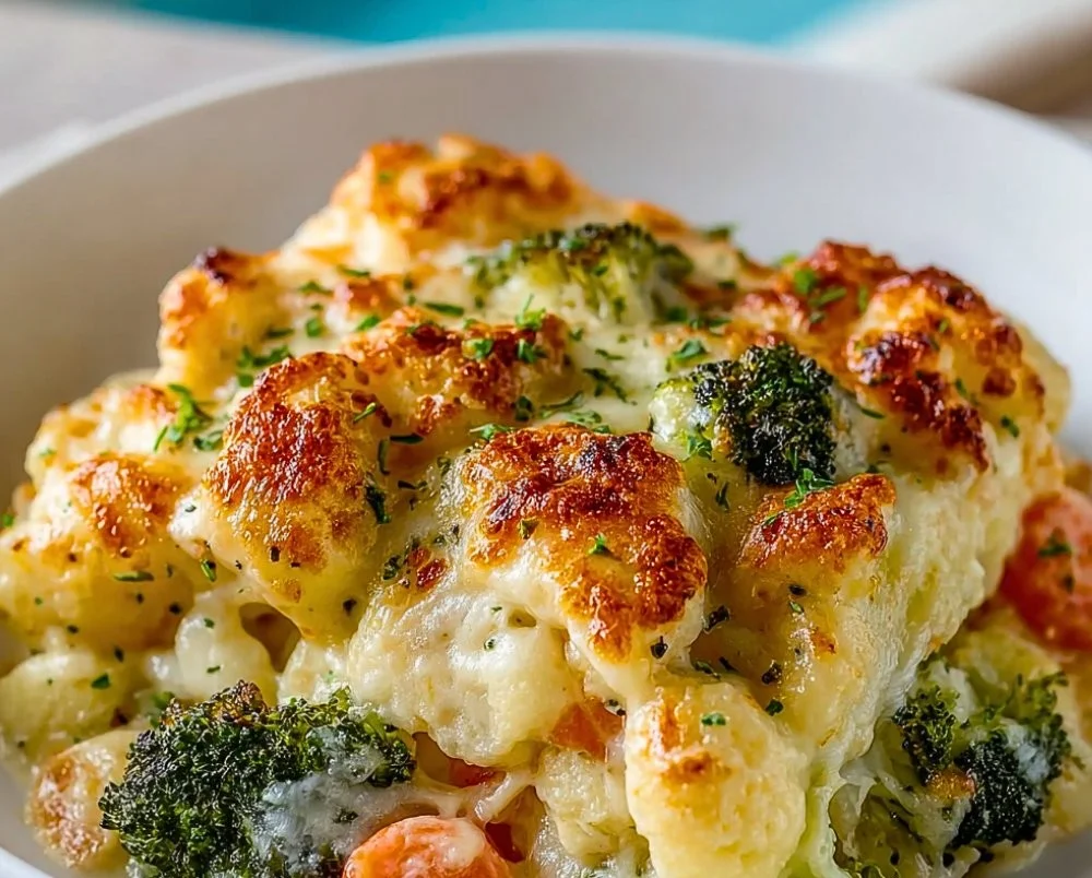 Creamy winter vegetable casserole with seasonal veggies in a baking dish