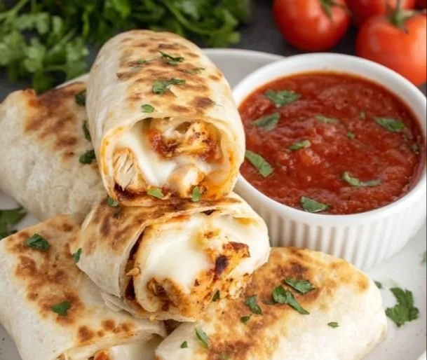 Crispy air fryer chicken and mozzarella wraps served on a plate