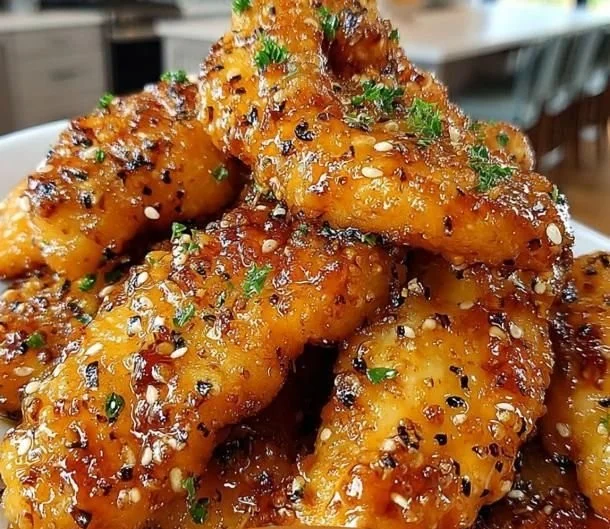 Crispy air fryer honey butter garlic chicken tenders plated with herbs