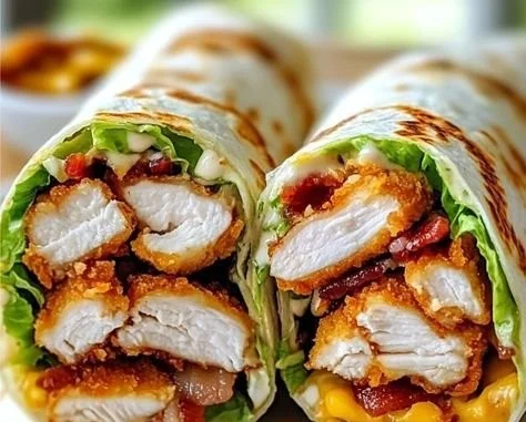 Crispy chicken bacon ranch wrap with fresh ingredients and a savory dressing