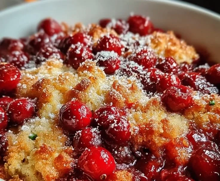 Delicious Crispy Cranberry Cobbler topped with crunchy crust and fresh cranberries