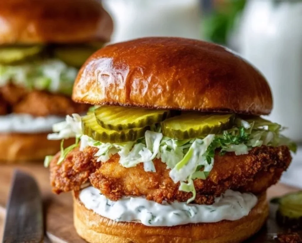Crispy Dill Chicken Sandwich with fresh lettuce and pickles on toasted bun