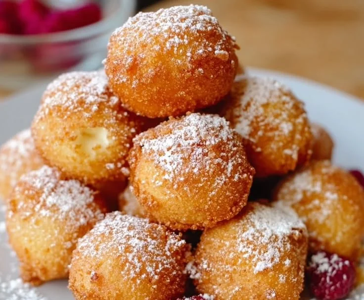 Crispy fried cheesecake bites topped with powdered sugar and chocolate drizzle